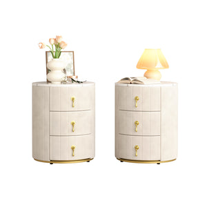 English Elm 2 Upholstered Nightstand Set with 3 Drawers, Round Velvet Bedside Table, Marble Top & Metal Handles Beige 24 L x 19.5 W x 18.89 H N733S272609A