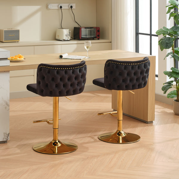 English Elm A&A Luxe Velvet Swivel Barstool with Gold-Plated 17.7" Base, Tufted Back, Ergonomic Waist Support Black W1143P204044