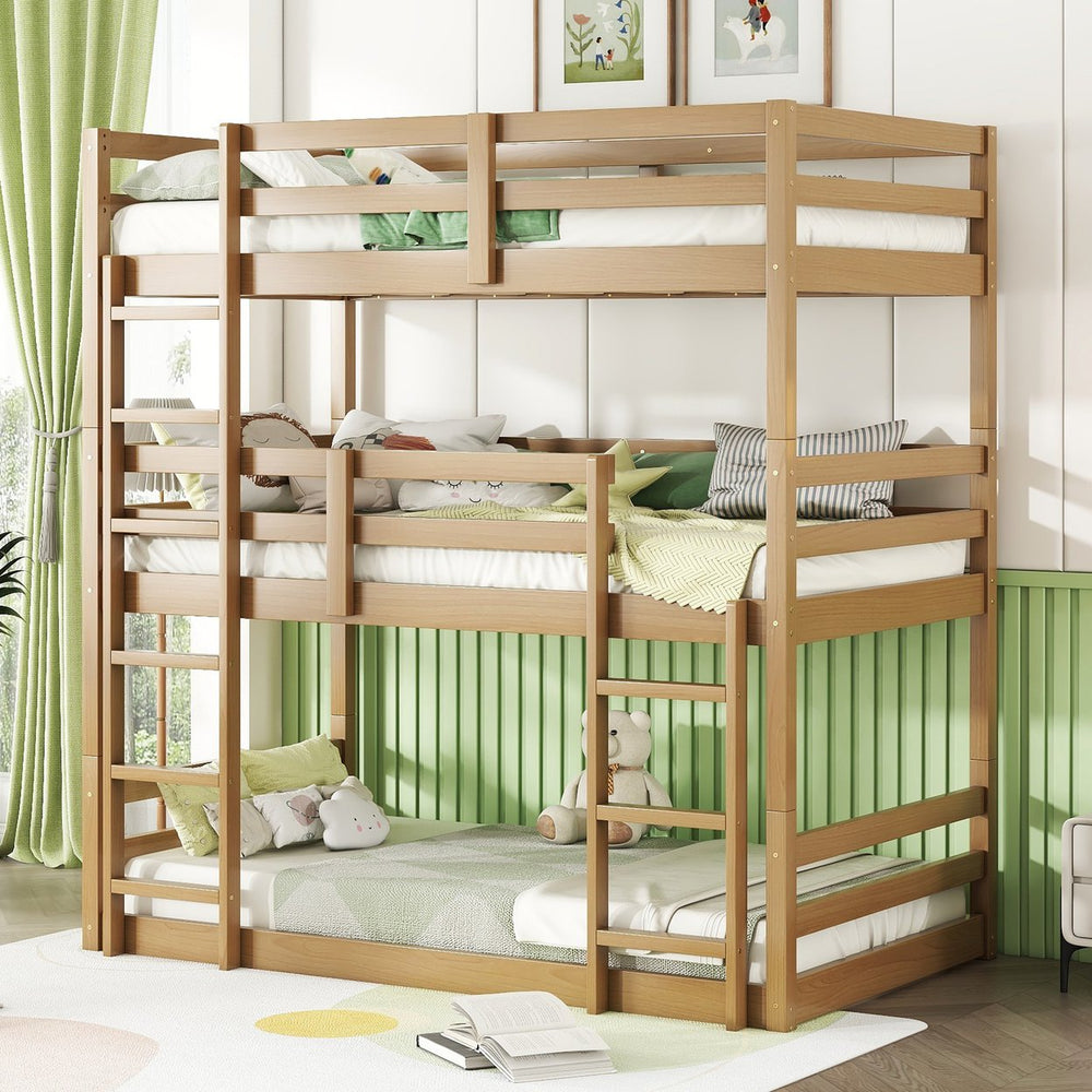 English Elm Triple Rubber Wood Bunk Bed with Built-In Ladders and Guardrails Maximizes Space for Families, Durable Design White Oak W504S00176