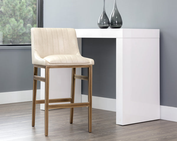 Sunpan Halden Urban Bar Stool with Bold Channel Tufting and Rustic Bronze Steel Frame for Stylish Spaces Bravo Cream