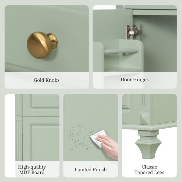 English Elm 24 Inch Freestanding Bathroom Vanity Solid Rubberwood Ceramic Sink Matte Finish Storage Green N725P375626G