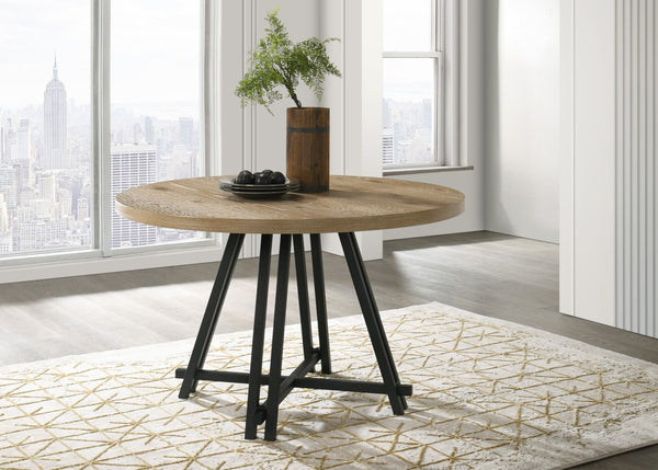 English Elm Tiziano Rustic Oak Veneer Round Dining Table with Industrial Cross Metal Base Seats Six B2749S00221