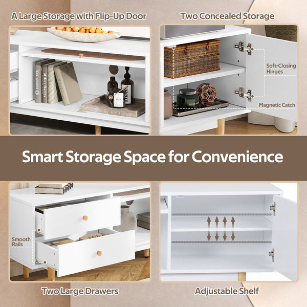English Elm 70 Modern TV Stand for TVs up to 80" with Rattan Accents, Smooth Drawers, Flip-Up Storage, Durable Design White N710P339470W