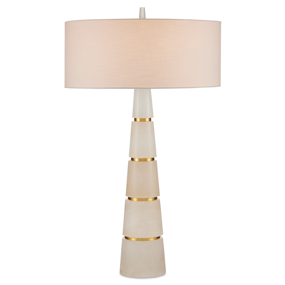 Eleanora Table Lamp - Modern Alabaster Design with Brass Accents, Elegant Off-White Linen Shade