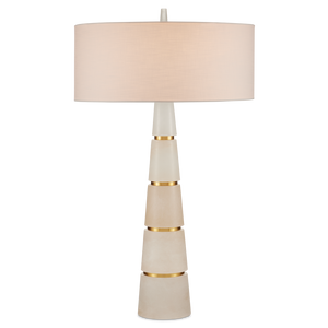 Eleanora Table Lamp - Modern Alabaster Design with Brass Accents, Elegant Off-White Linen Shade