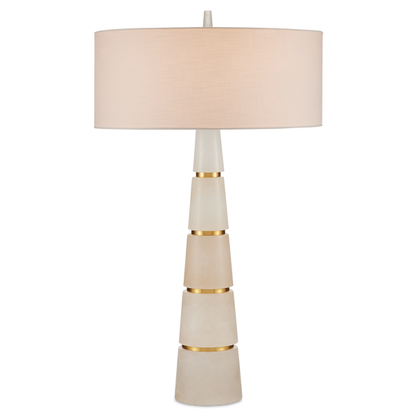 Eleanora Table Lamp - Modern Alabaster Design with Brass Accents, Elegant Off-White Linen Shade