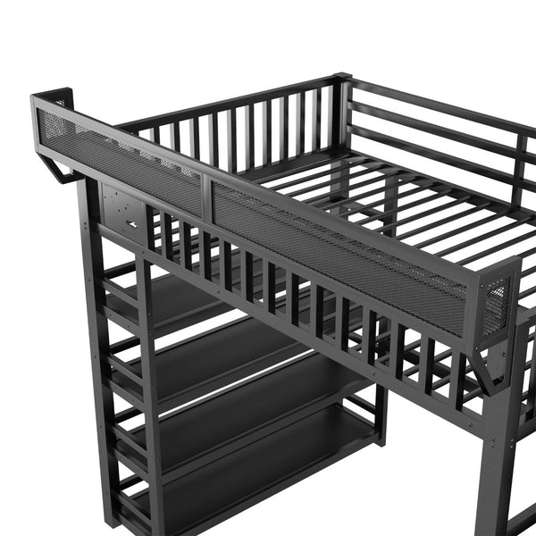 English Elm Full Metal Loft Bed with Stair Storage Rgb Lighting and Charging Station for Teens Black W2580S00074