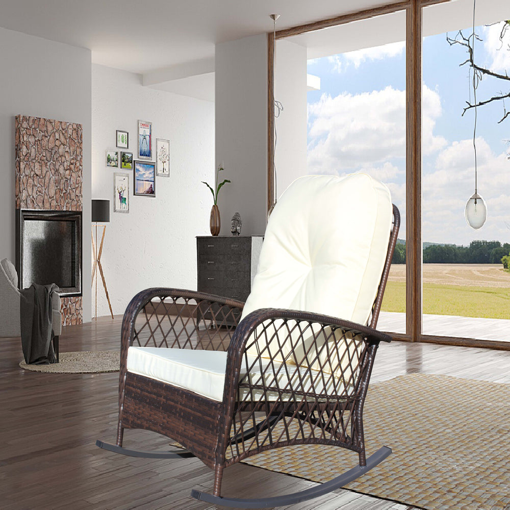 English Elm Outdoor Wicker Rocking Chair with Wide Seat, Thick Removable Cushion, Steel Frame, Weather-Resistant Rocker for Patio Garden Relaxation Brown+Beige W209P265086