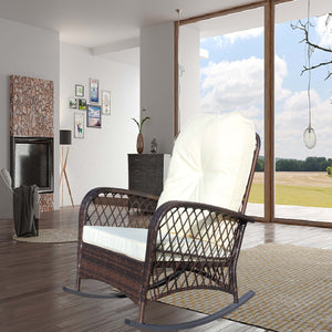 English Elm Outdoor Wicker Rocking Chair with Wide Seat, Thick Removable Cushion, Steel Frame, Weather-Resistant Rocker for Patio Garden Relaxation Brown+Beige W209P265086