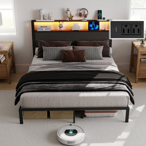 English Elm Queen Metal Platform Bed Rgb Led Headboard Charging Ports Under Storage 800lb Dark Grey T3963P491447