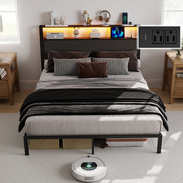 English Elm Queen Metal Platform Bed Rgb Led Headboard Charging Ports Under Storage 800lb Dark Grey T3963P491447