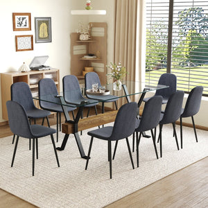 English Elm Table Set With 10 Dark Gray Linen Chairs, Modern Tempered Glass Top & Stylish X-Shaped Metal Legs W1151S03603-GIGA