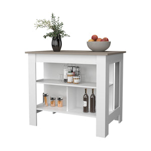 English Elm Aztec Melamine Kitchen Island Taupe/White with Open Shelves, 3-Tier Storage, Stylish 35.4"H x40.5"W B128P237144
