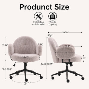 English Elm Boucle Bouclé Fabric Office Chair with Ergonomic Curved Back & Armrests, 360° Swivel, Stable Base Gray T3903P373043