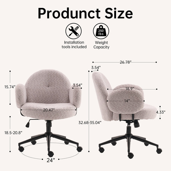 English Elm Boucle Bouclé Fabric Office Chair with Ergonomic Curved Back & Armrests, 360° Swivel, Stable Base Gray T3903P373043