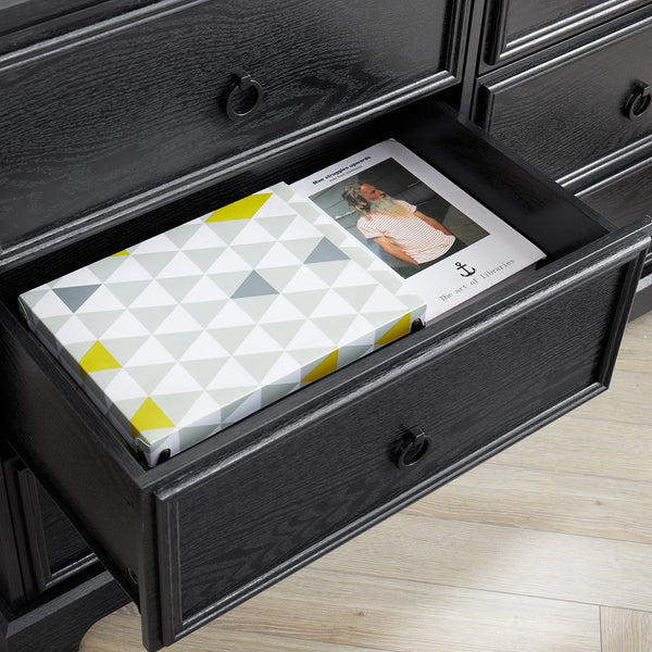 English Elm Modern 6-Drawer Chest of Drawers for Bedroom — Spacious Wooden Dresser with Smooth Glide Drawers, Elegant Patterned Top Black W2275P224406