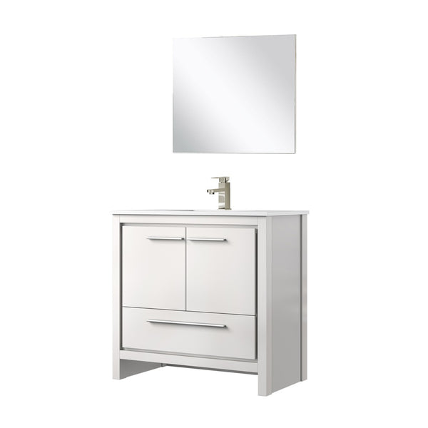 English Elm White Bath Vanity Set With Quartz Top, Brushed Nickel Faucet & Matching 28" Mirror - Modern Elegance B2731S02076-GIGA