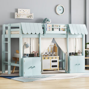 English Elm Twin Loft Bed Cottage-Style Playhouse with Built-In Bookshelf, Curtain & Storage, Safe Guardrails Light Blue W1580S00357