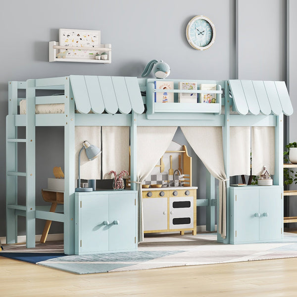 English Elm Twin Loft Bed Cottage-Style Playhouse with Built-In Bookshelf, Curtain & Storage, Safe Guardrails Light Blue W1580S00357