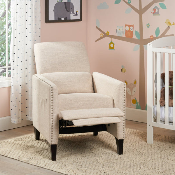 English Elm Pushback Recliner Accent Chair Solid Birch Frame Rivet Detail Mid-century Living Room Seat Beige 65532.00BGE