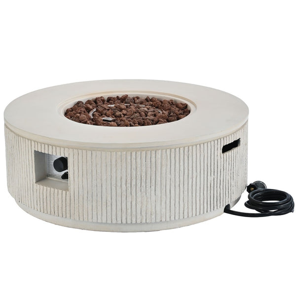 English Elm U_style Round Mgo Propane Fire Pit 50000 Btu Sculptural Outdoor Patio Table with Lava Rocks Beige N711P410549A