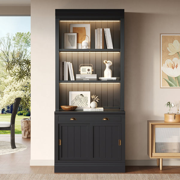 English Elm 83.4"Tall Modern Bookshelf With Led Lighting, Sliding Doors & Open Shelves For Stylish Storage Solutions N751S280596B