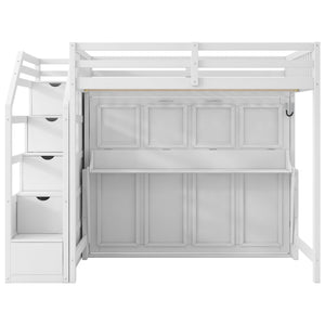 English Elm Full XL Loft Bed with Storage Staircase & Murphy Bed, Solid Pine, LED Light, Space-Saving White N7090004017K
