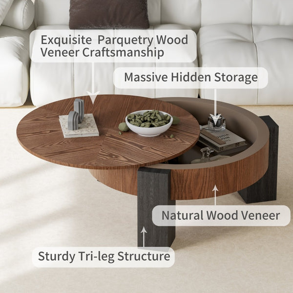English Elm 33'' Round Coffee Table Parquet Veneer Flip Top Hidden Storage Wabi-sabi Living Room Walnut+Black W1435P419321