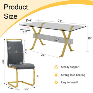 English Elm Table And Chair Set - Modern 71"X35.4" Transparent Glass Dining Set With 8 Gray Pu Chairs & Gold Legs W1151S02364-GIGA
