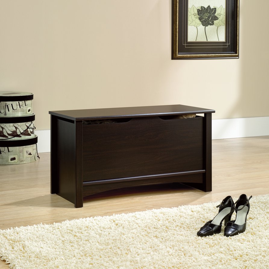 English Elm Storage Chest Black Finish - Versatile Engineered Wood Bench with Ventilated, Durable Lid Support for Entryway Storage Seating B356P402633
