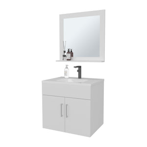 English Elm Slater Floating Bathroom Vanity Set with Sink and Mirror Shelf, Space-Saving 24" White Cabinet B128P314805