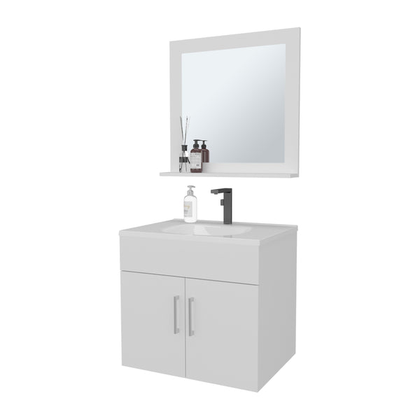English Elm Slater Floating Bathroom Vanity Set with Sink and Mirror Shelf, Space-Saving 24" White Cabinet B128P314805