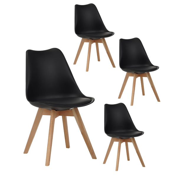English Elm Set of four modern medieval dining chairs with cushioned PU seats, solid wooden legs, 300lb capacity, non-slip pads, durable waterproof finish, easy assembly, ergonomic back support for kitchen and dining spaces Black W3851P368633