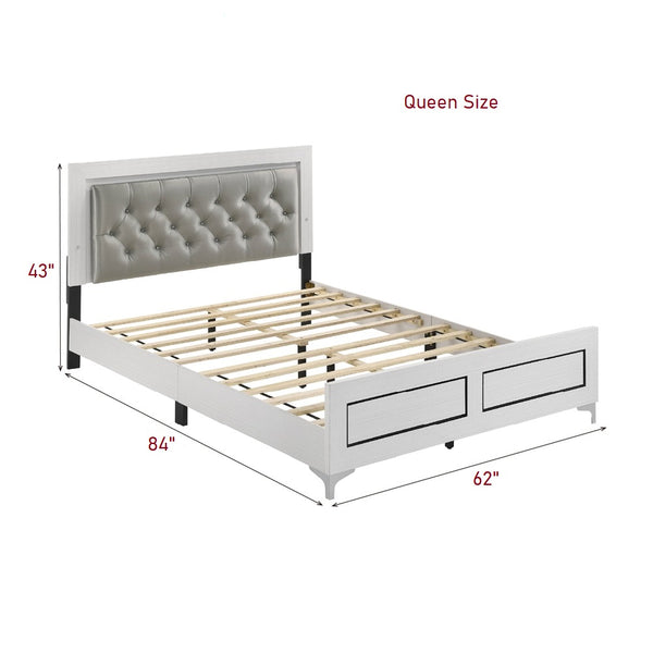 English Elm Contemporary Queen Platform Bed with Gray PU Tufted LED Headboard and Chrome Legs for Modern Bedrooms White 67 L x 31 W x 7 H B2741P405686