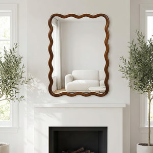 English Elm Black Walnut Solid Wood Wavy Round Mirror Sculptural Bohemian Wall Accent 30 Inch W2203P455235