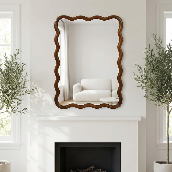 English Elm Black Walnut Solid Wood Wavy Round Mirror Sculptural Bohemian Wall Accent 30 Inch W2203P455235