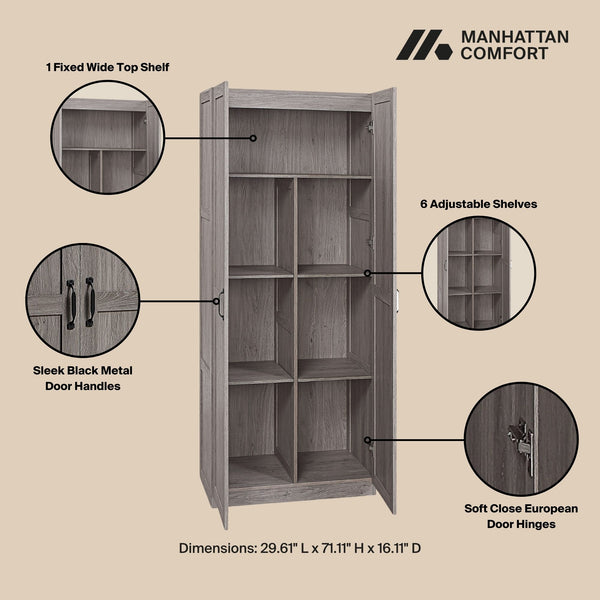 English Elm Cornelia Grey Storage Cabinet 71" Tall MDF with 6 Adjustable Shelves, Soft-Close Doors & Mop Base B365P397854