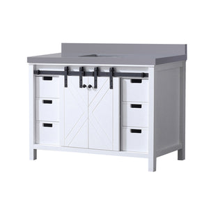 English Elm White Solid Wood Bath Vanity 48"W x 22"D with Grey Quartz Top, Soft-Close Drawers & Open Shelf B2731P260017