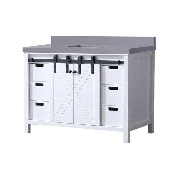 English Elm White Solid Wood Bath Vanity 48"W x 22"D with Grey Quartz Top, Soft-Close Drawers & Open Shelf B2731P260017