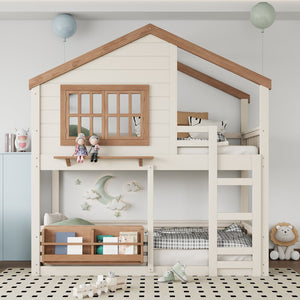 English Elm Full Bunk Bed with Trundle Bookshelf Storage Pine Frame Car Design for Kids W1580S00324