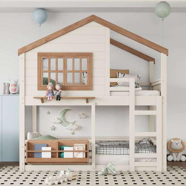 English Elm Full Bunk Bed with Trundle Bookshelf Storage Pine Frame Car Design for Kids W1580S00324