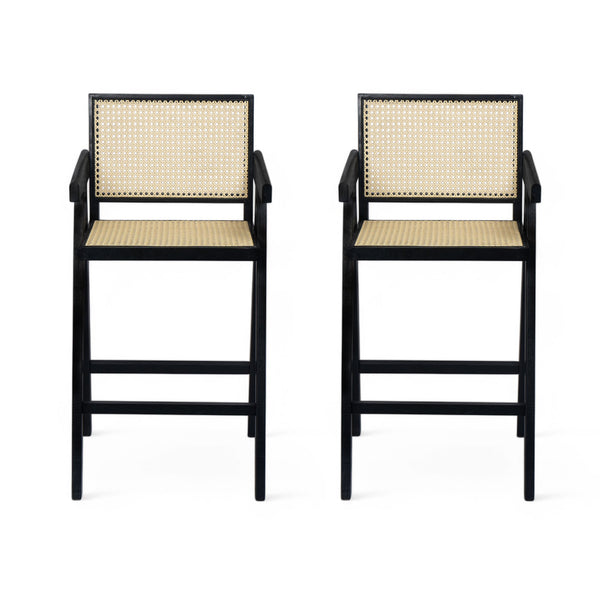 English Elm Christopher Knight Home® - 27'', Modern minimalist bar stool set of 2 with cane PE rattan seats, solid rubberwood frame, durable craft finish Black,Natural N780P237929B