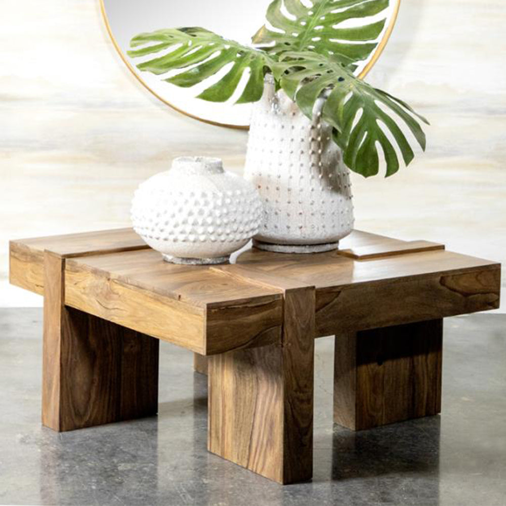 English Elm Square Solid Sheesham Coffee Table with Natural Finish, Geometric Design, Durable Rustic Centerpiece B016P380962
