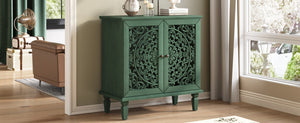 English Elm Vintage Hollow-Carved Accent Cabinet with Floral Motif, 2-Door Sideboard, Adjustable Shelf, Solid Wood Legs Antique Green W1445P384720