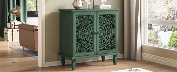 English Elm Vintage Hollow-Carved Accent Cabinet with Floral Motif, 2-Door Sideboard, Adjustable Shelf, Solid Wood Legs Antique Green W1445P384720