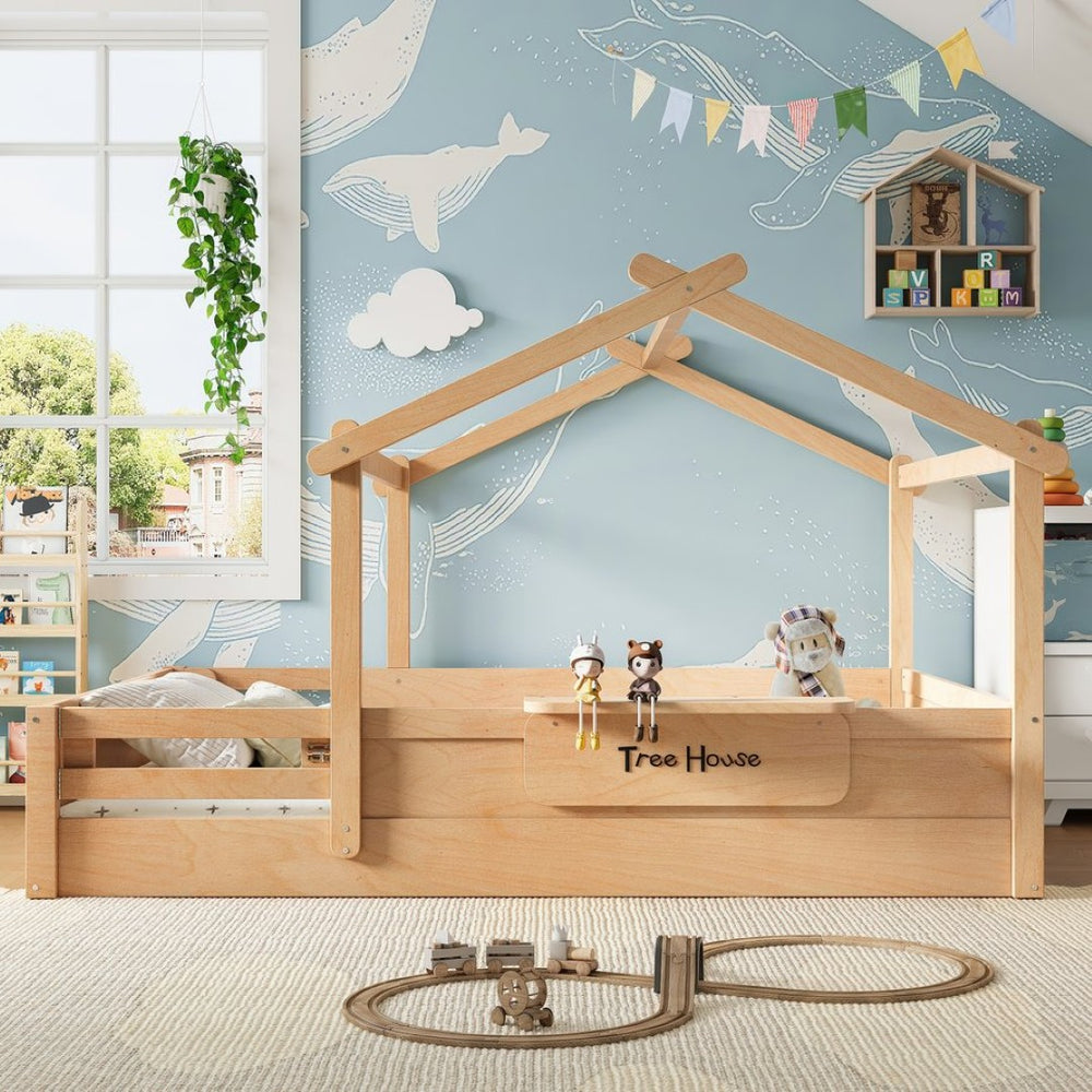 English Elm Queen House Shaped Kids Floor Bed Pine Wood Frame with Guardrails and Personalized Headboard Natural W1580P396335