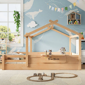 English Elm Queen House Shaped Kids Floor Bed Pine Wood Frame with Guardrails and Personalized Headboard Natural W1580P396335