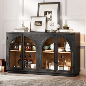 English Elm TREXM Arched Glass Door Sideboard Buffet Cabinet with Adjustable Shelves, Cable Management, 64" Black XW000021AAB