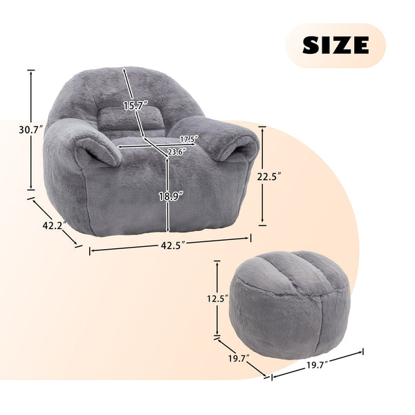 English Elm Bean Bag Chair - Luxurious Faux Fur Sofa With Footstool For Cozy Comfort In Living Room & Bedroom W2200P326904