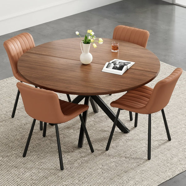 English Elm 47" Round Wood Dining Table Seats Six with Industrial Metal Base for Modern Homes T3623P433924